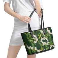 Mokihana Maile and Ilima Leis Leather Tote Bag Omaʻomaʻo Hawaiian Tapa Quilt Pattern LT9 - Polynesian Pride