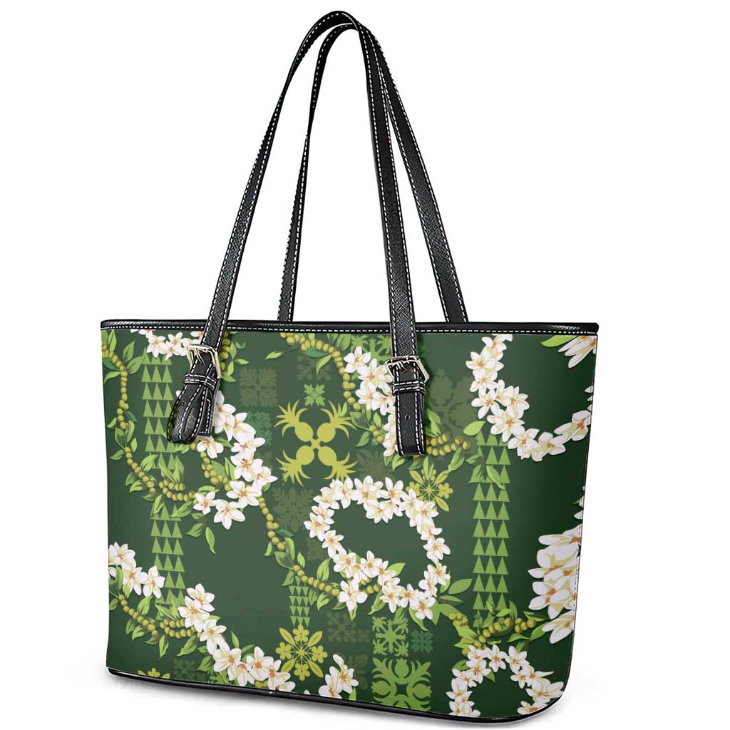 Mokihana Maile and Ilima Leis Leather Tote Bag Omaʻomaʻo Hawaiian Tapa Quilt Pattern LT9 - Polynesian Pride