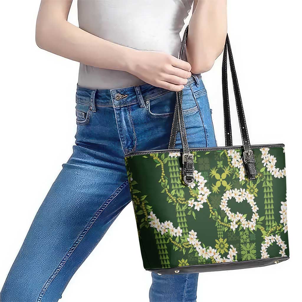 Mokihana Maile and Ilima Leis Leather Tote Bag Omaʻomaʻo Hawaiian Tapa Quilt Pattern LT9 - Polynesian Pride