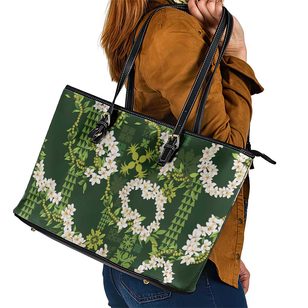 Mokihana Maile and Ilima Leis Leather Tote Bag Omaʻomaʻo Hawaiian Tapa Quilt Pattern LT9 - Polynesian Pride