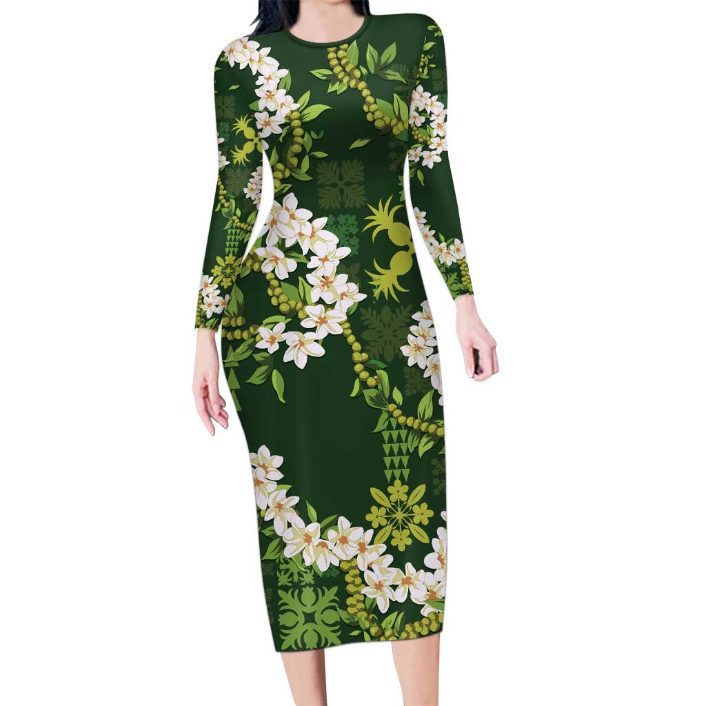 Mokihana Maile and Ilima Leis Long Sleeve Bodycon Dress Omaʻomaʻo Hawaiian Tapa Quilt Pattern LT9 Long Dress Green - Polynesian Pride