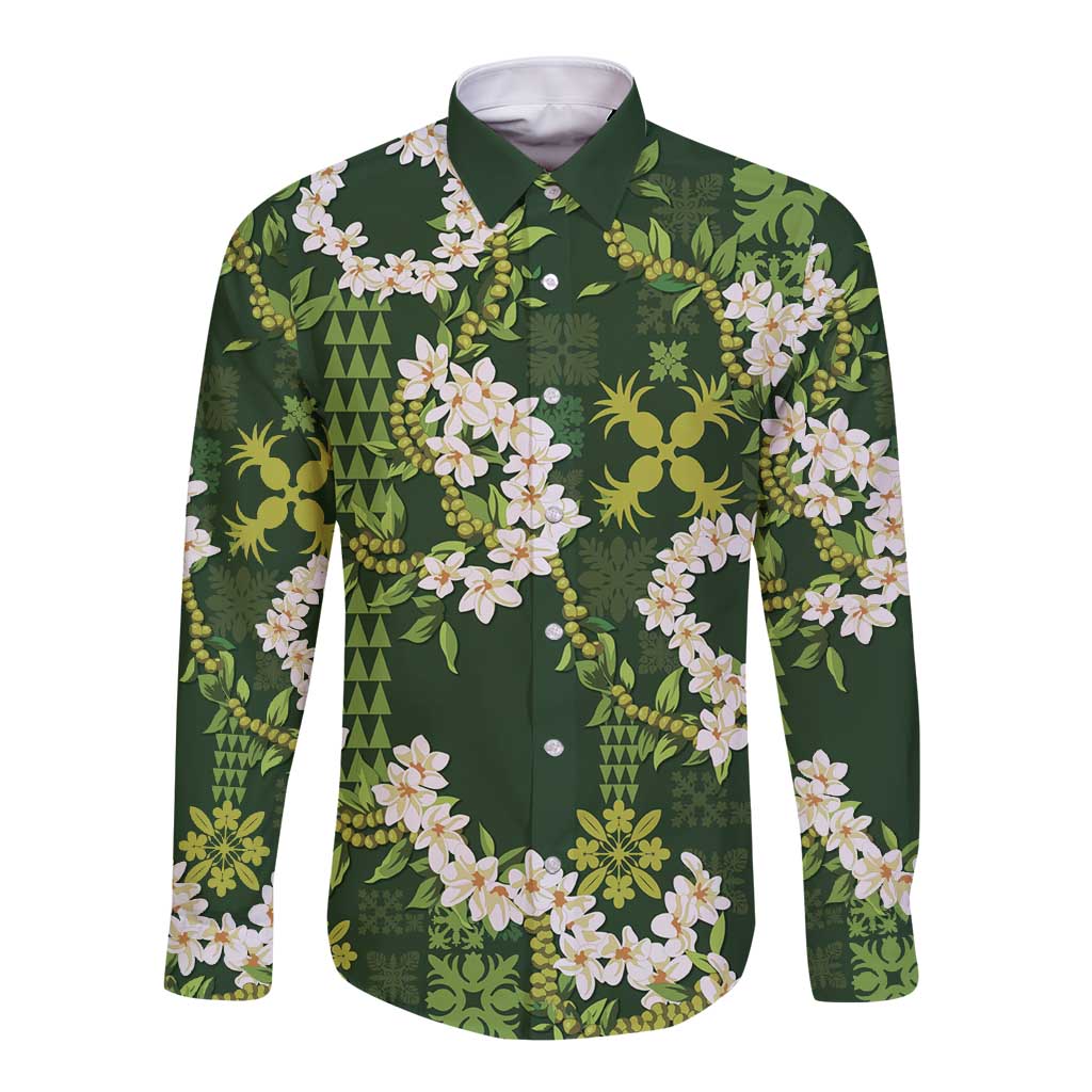 Mokihana Maile and Ilima Leis Long Sleeve Button Shirt Omaʻomaʻo Hawaiian Tapa Quilt Pattern LT9 Unisex Green - Polynesian Pride