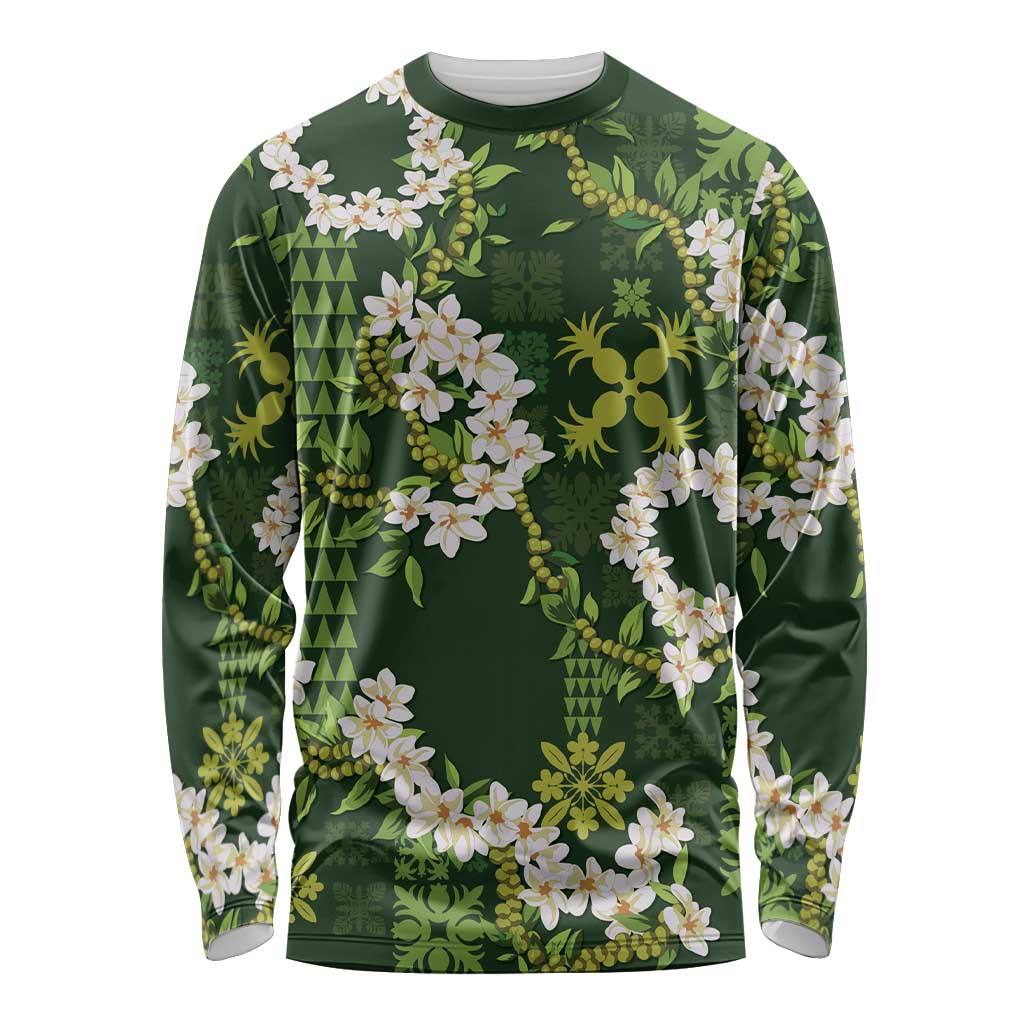Mokihana Maile and Ilima Leis Long Sleeve Shirt Omaʻomaʻo Hawaiian Tapa Quilt Pattern LT9 Unisex Green - Polynesian Pride