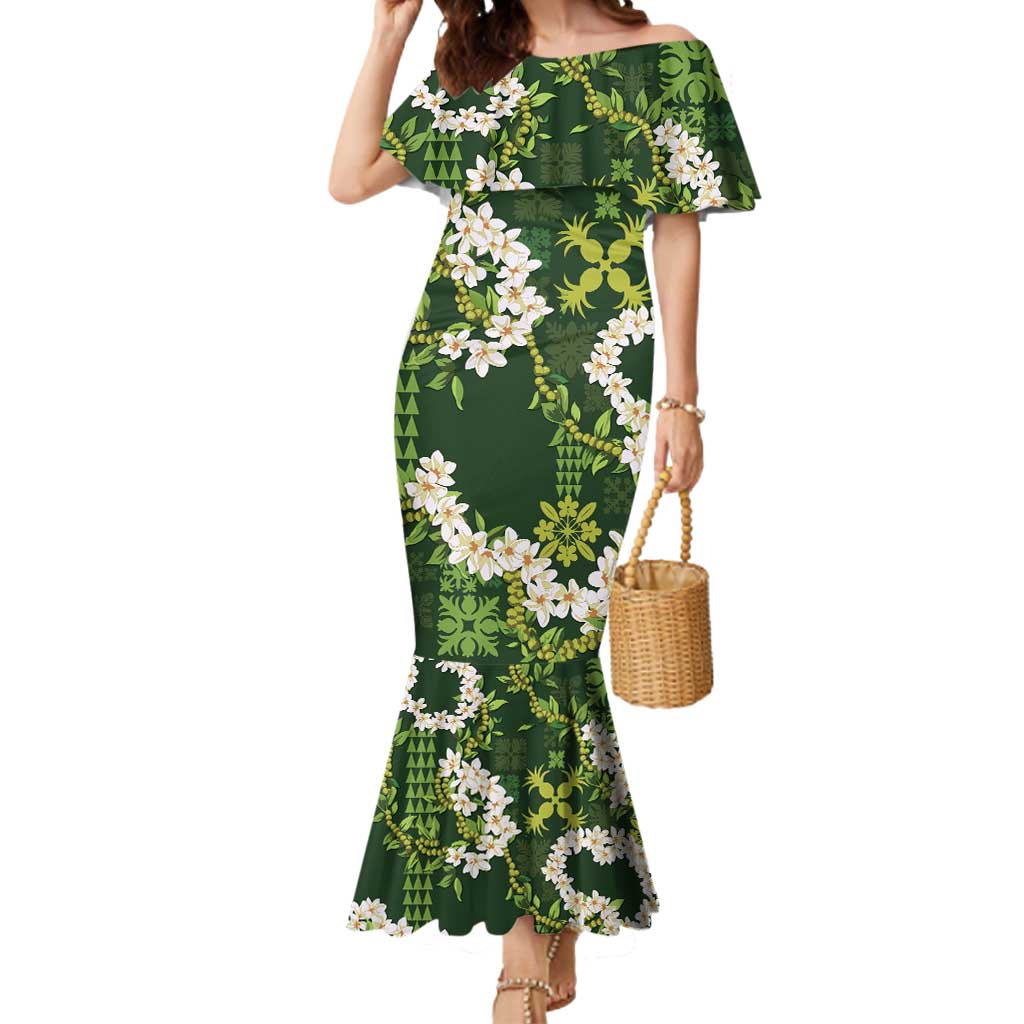 Mokihana Maile and Ilima Leis Mermaid Dress Omaʻomaʻo Hawaiian Tapa Quilt Pattern LT9 Women Green - Polynesian Pride