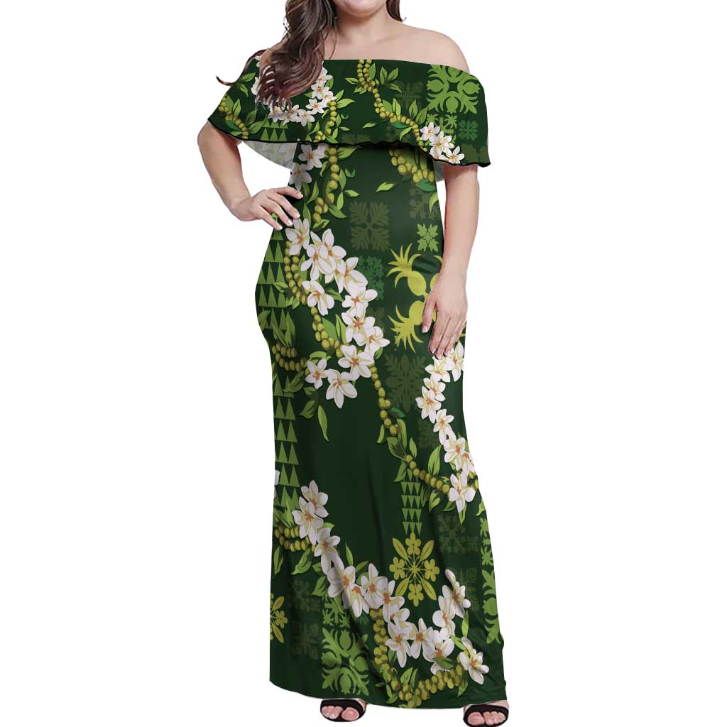 Mokihana Maile and Ilima Leis Off Shoulder Maxi Dress Omaʻomaʻo Hawaiian Tapa Quilt Pattern LT9 Women Green - Polynesian Pride