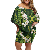 Mokihana Maile and Ilima Leis Off Shoulder Short Dress Omaʻomaʻo Hawaiian Tapa Quilt Pattern LT9 Women Green - Polynesian Pride