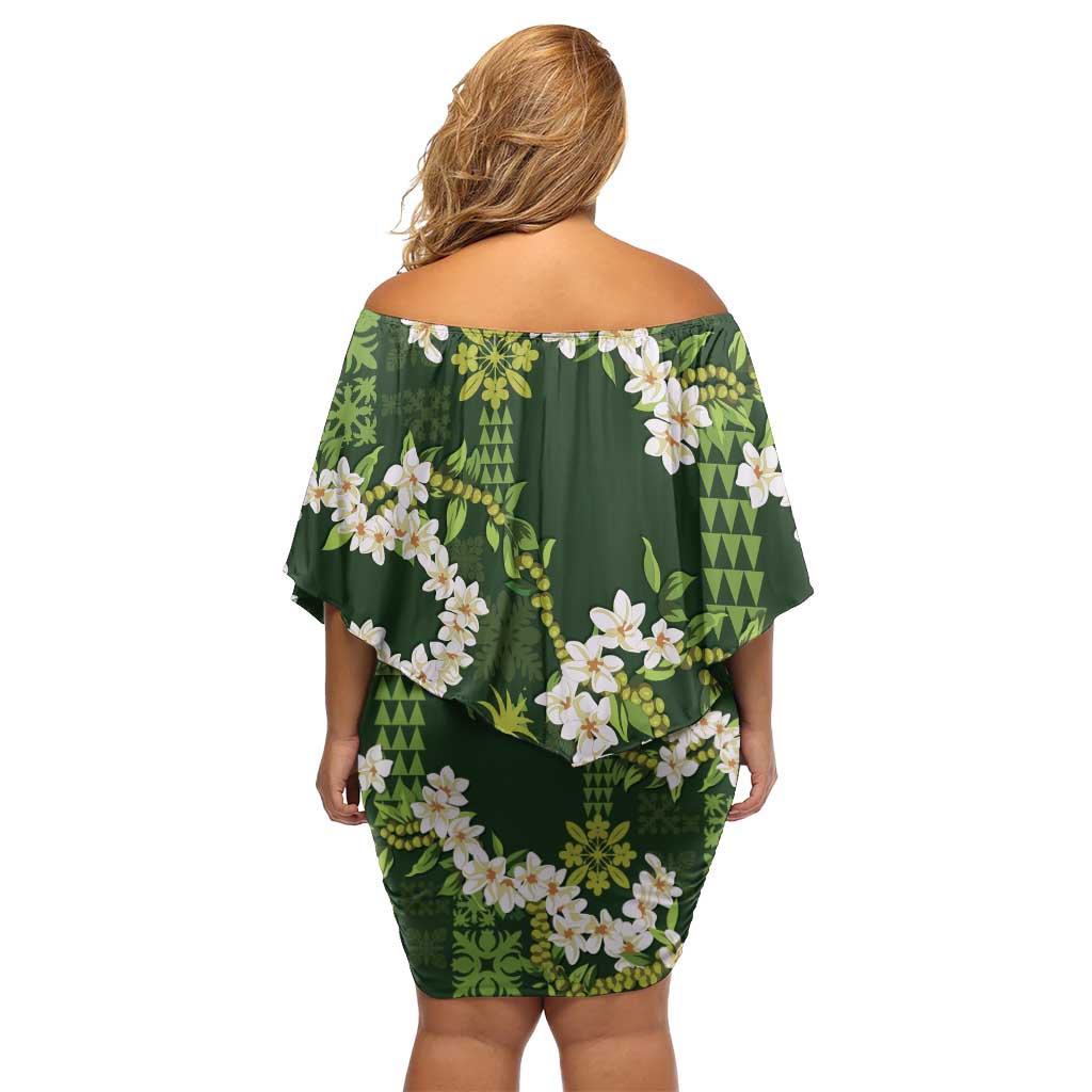 Mokihana Maile and Ilima Leis Off Shoulder Short Dress Omaʻomaʻo Hawaiian Tapa Quilt Pattern LT9 - Polynesian Pride