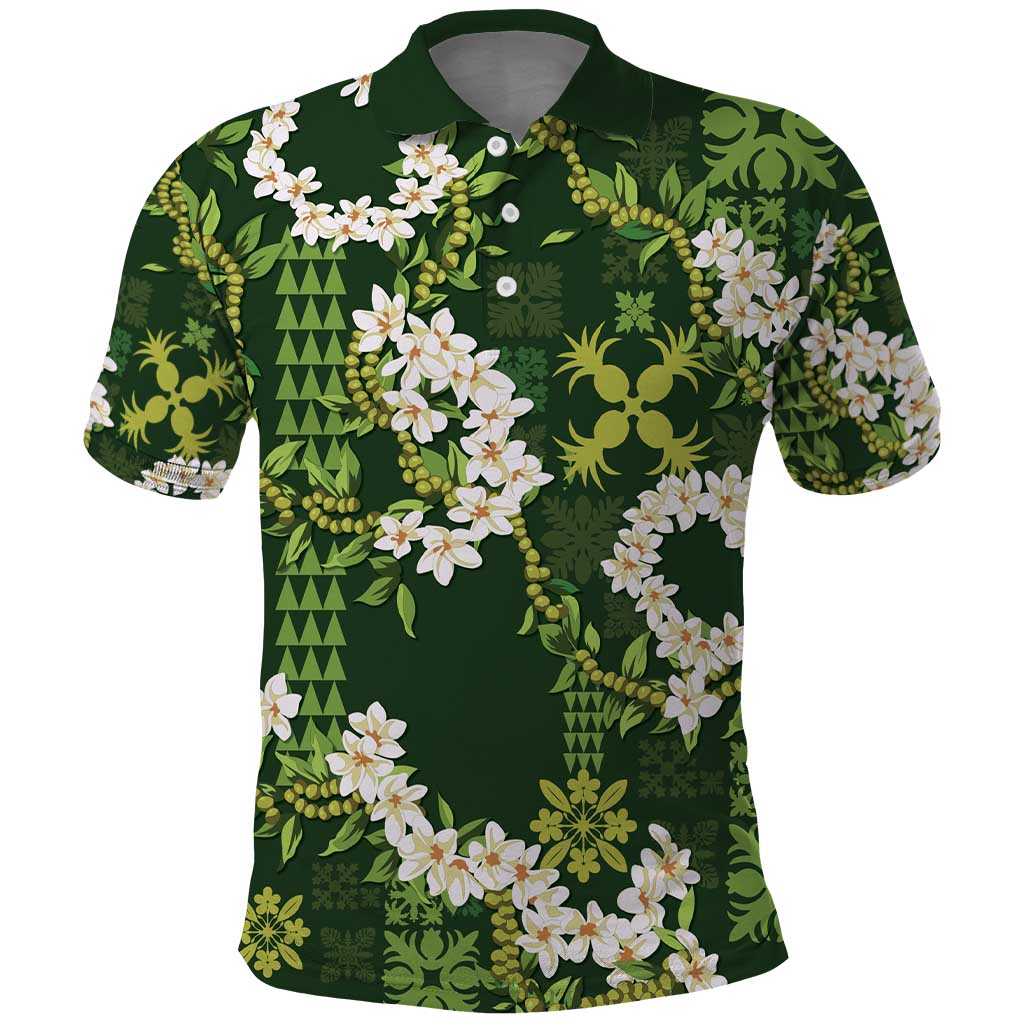 Mokihana Maile and Ilima Leis Polo Shirt Omaʻomaʻo Hawaiian Tapa Quilt Pattern LT9 Green - Polynesian Pride