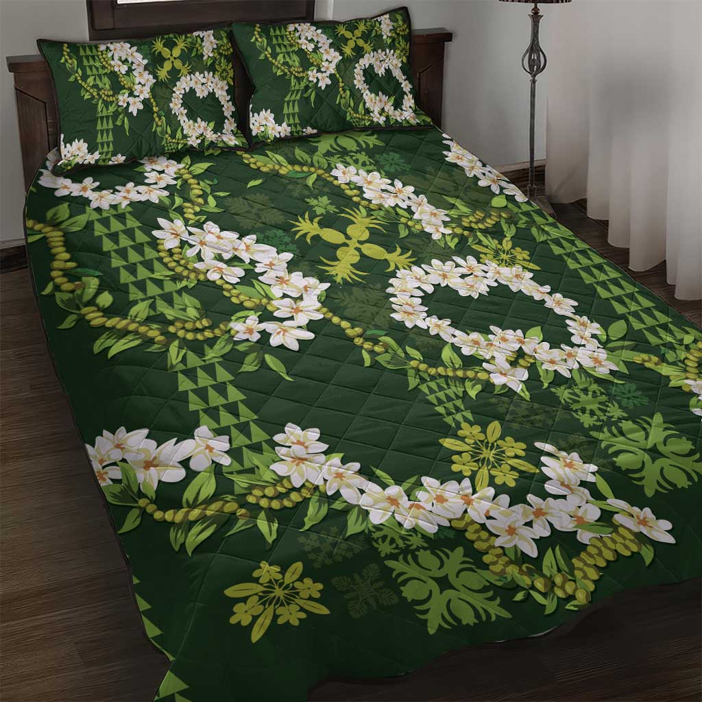 Mokihana Maile and Ilima Leis Quilt Bed Set Omaʻomaʻo Hawaiian Tapa Quilt Pattern LT9 Green - Polynesian Pride