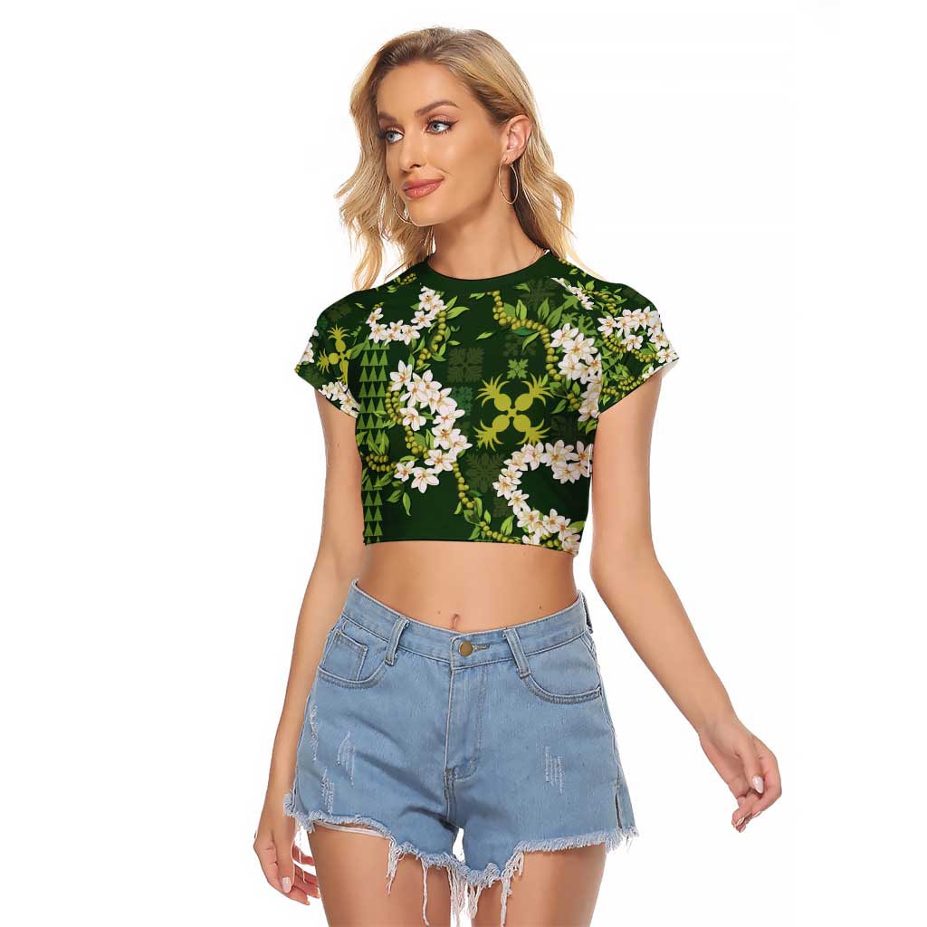 Mokihana Maile and Ilima Leis Raglan Cropped T Shirt Omaʻomaʻo Hawaiian Tapa Quilt Pattern LT9 Female Green - Polynesian Pride