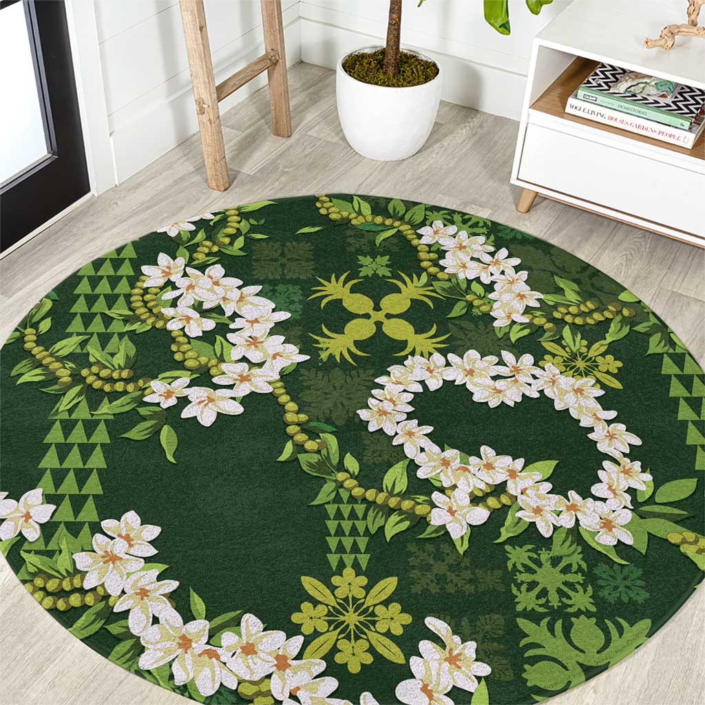 Mokihana Maile and Ilima Leis Round Carpet Omaʻomaʻo Hawaiian Tapa Quilt Pattern LT9 Green - Polynesian Pride