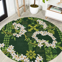 Mokihana Maile and Ilima Leis Round Carpet Omaʻomaʻo Hawaiian Tapa Quilt Pattern LT9 Green - Polynesian Pride