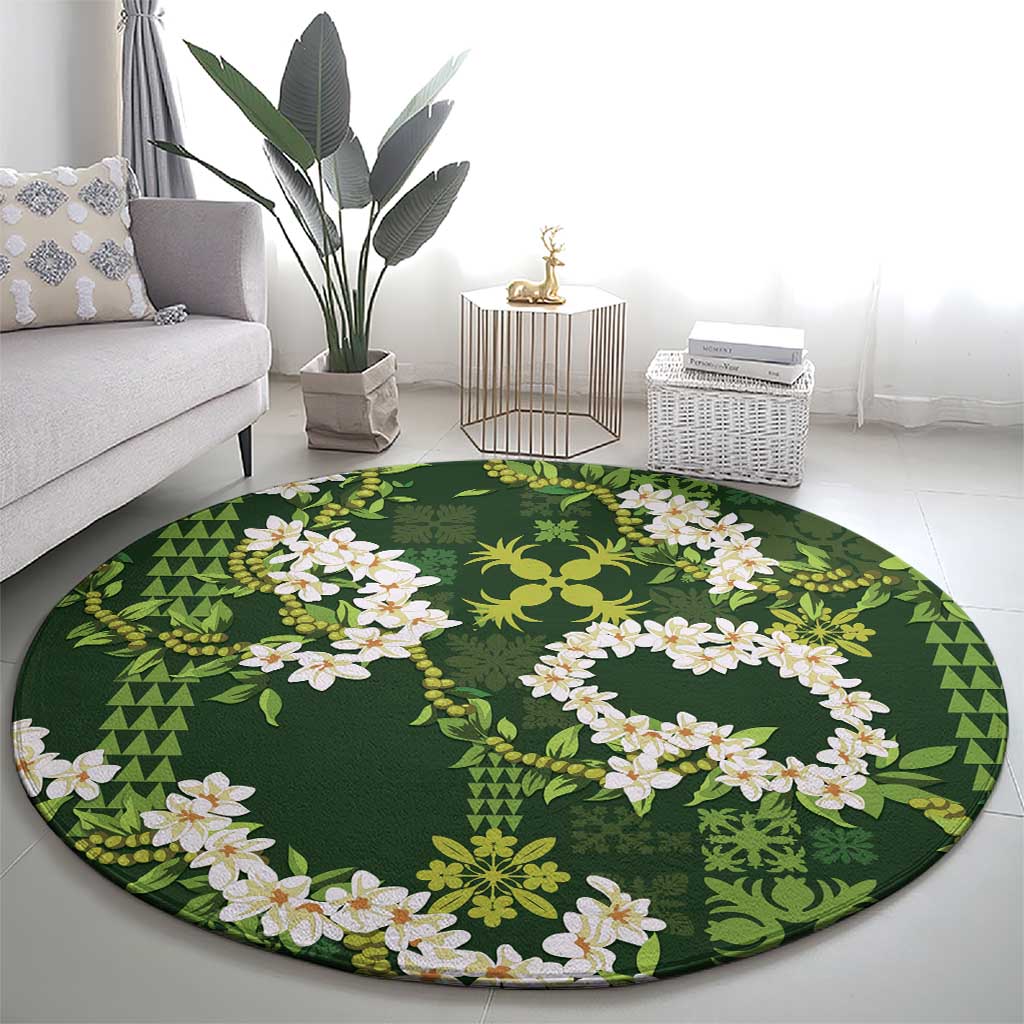 Mokihana Maile and Ilima Leis Round Carpet Omaʻomaʻo Hawaiian Tapa Quilt Pattern LT9 - Polynesian Pride