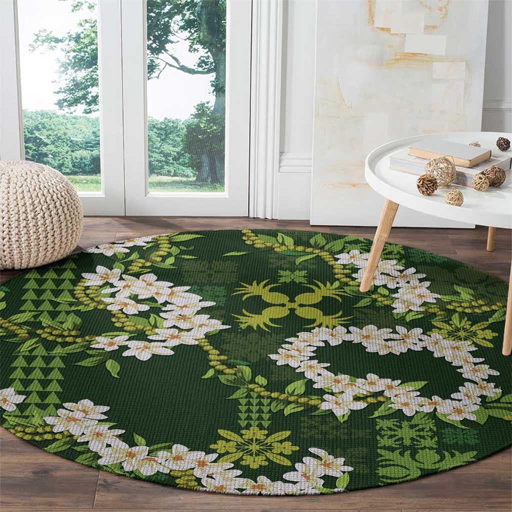 Mokihana Maile and Ilima Leis Round Carpet Omaʻomaʻo Hawaiian Tapa Quilt Pattern LT9 - Polynesian Pride