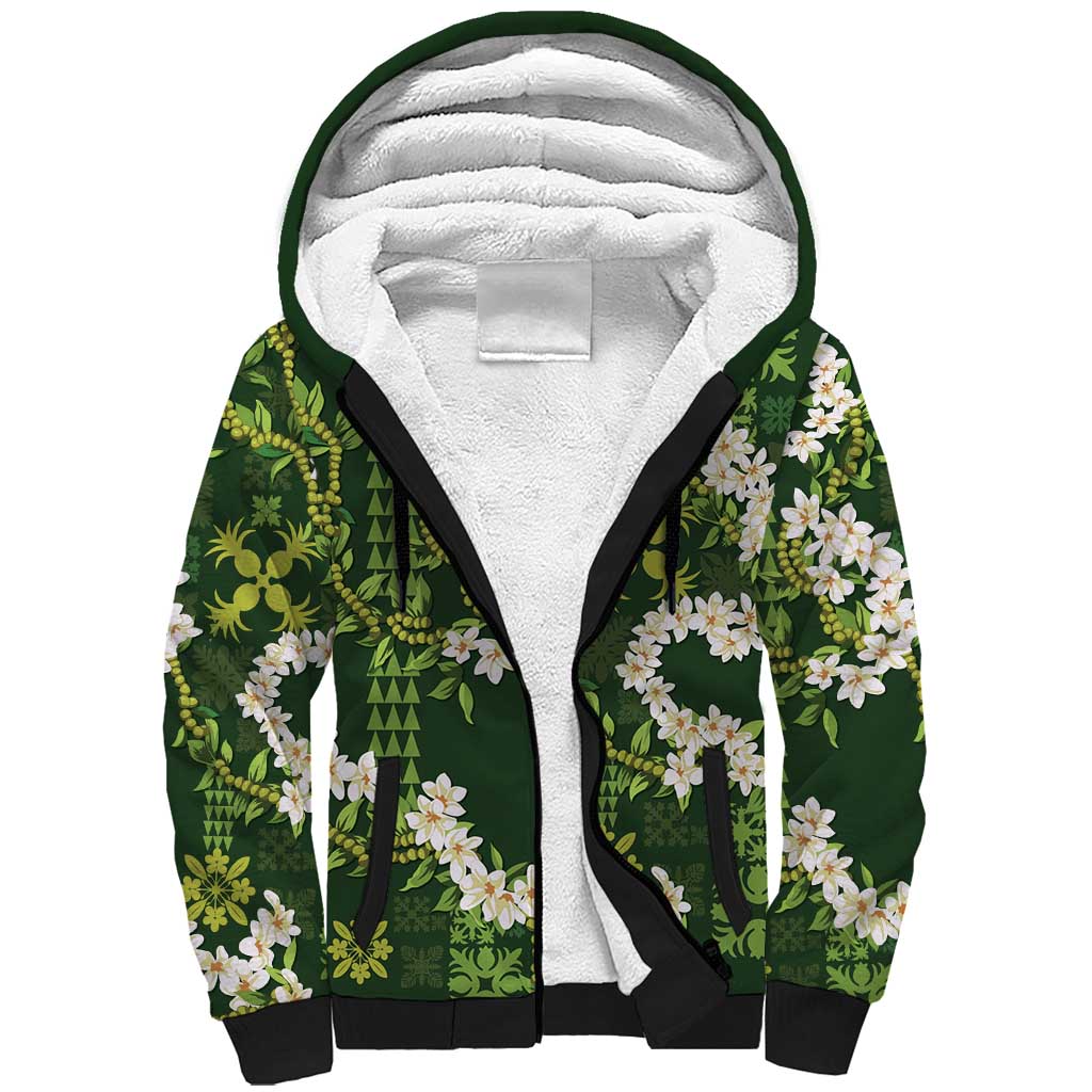 Mokihana Maile and Ilima Leis Sherpa Hoodie Omaʻomaʻo Hawaiian Tapa Quilt Pattern LT9 Unisex Green - Polynesian Pride