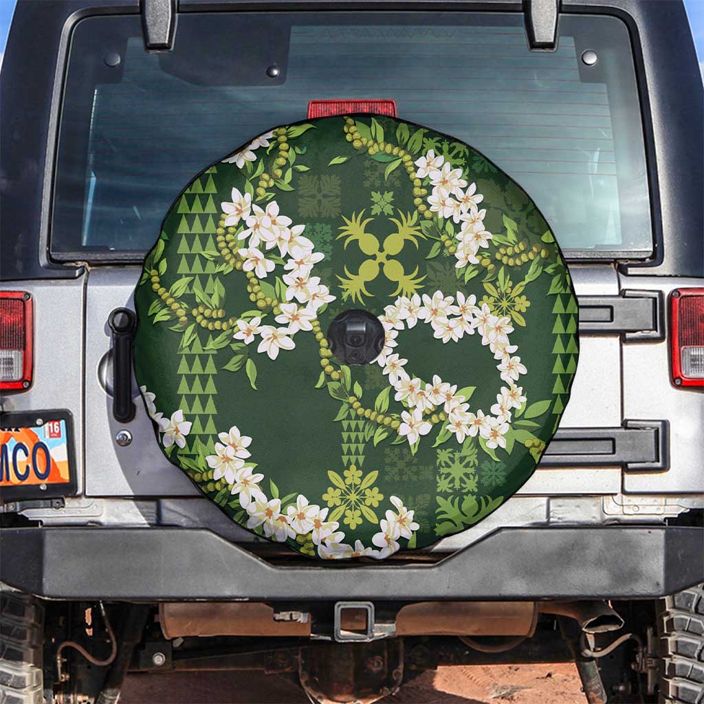 Mokihana Maile and Ilima Leis Spare Tire Cover Omaʻomaʻo Hawaiian Tapa Quilt Pattern LT9 Green - Polynesian Pride