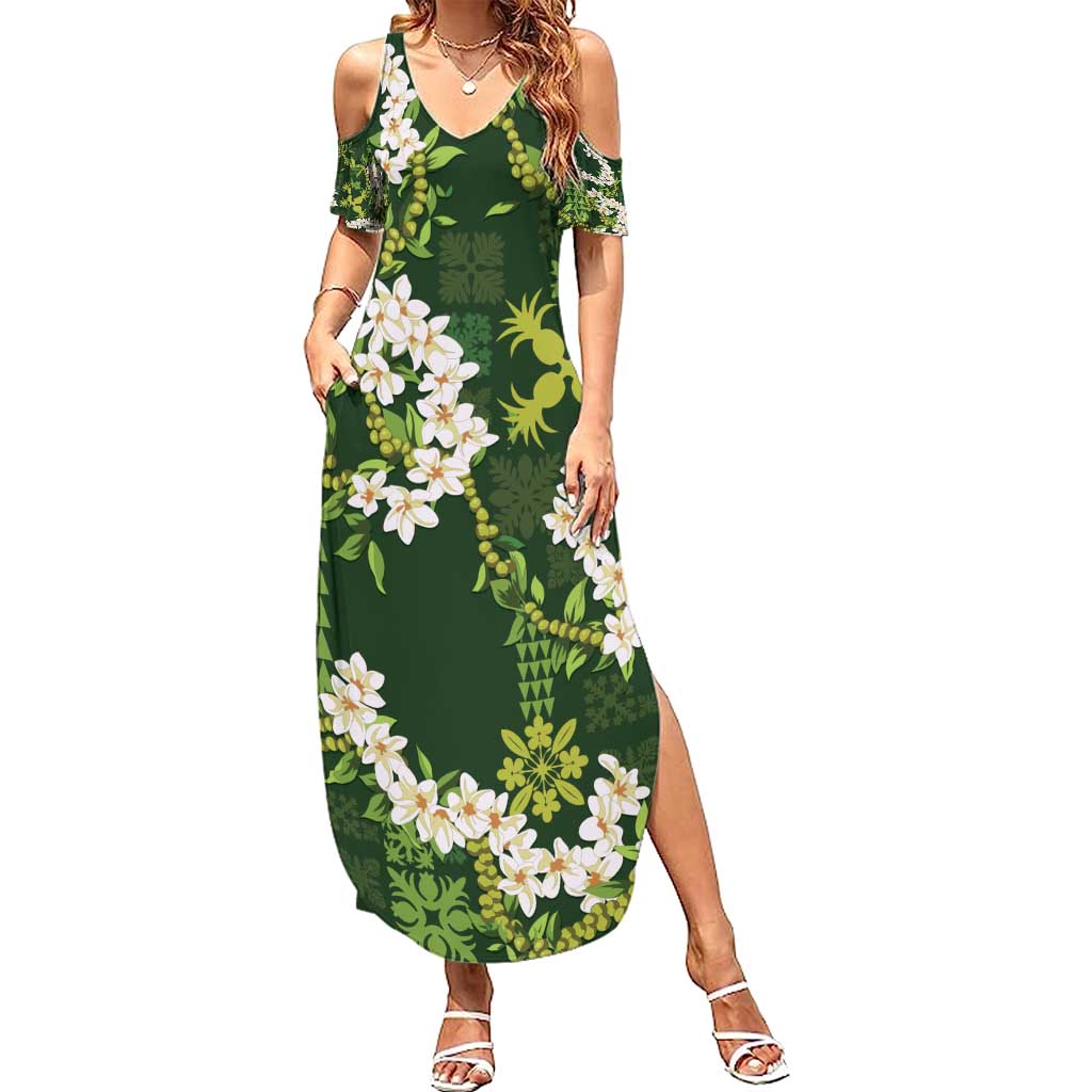 Mokihana Maile and Ilima Leis Summer Maxi Dress Omaʻomaʻo Hawaiian Tapa Quilt Pattern LT9 Women Green - Polynesian Pride