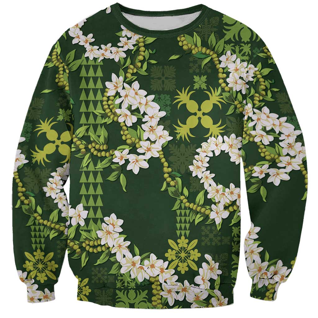 Mokihana Maile and Ilima Leis Sweatshirt Omaʻomaʻo Hawaiian Tapa Quilt Pattern LT9 Unisex Green - Polynesian Pride