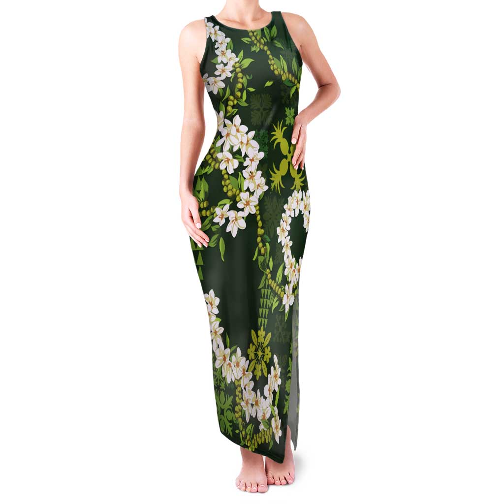 Mokihana Maile and Ilima Leis Tank Maxi Dress Omaʻomaʻo Hawaiian Tapa Quilt Pattern LT9 Women Green - Polynesian Pride