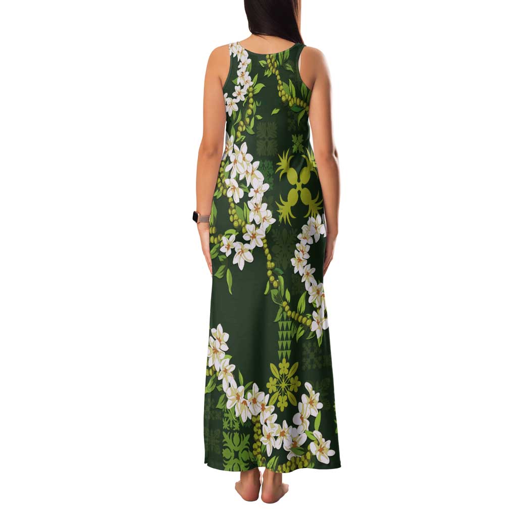 Mokihana Maile and Ilima Leis Tank Maxi Dress Omaʻomaʻo Hawaiian Tapa Quilt Pattern LT9 - Polynesian Pride