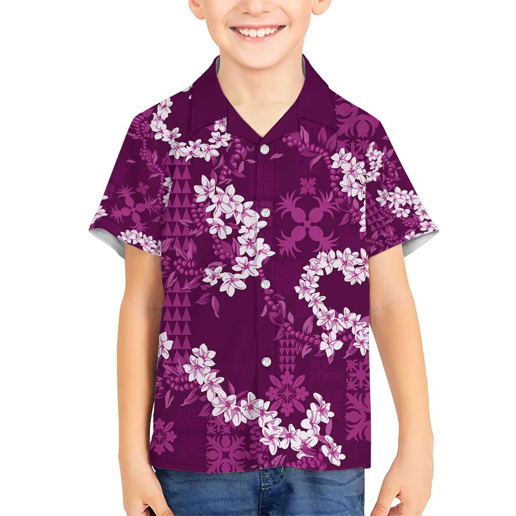 Mokihana Maile and Ilima Leis Kid Hawaiian Shirt Akala Hawaiian Tapa Quilt Pattern LT9 Kid Pink - Polynesian Pride