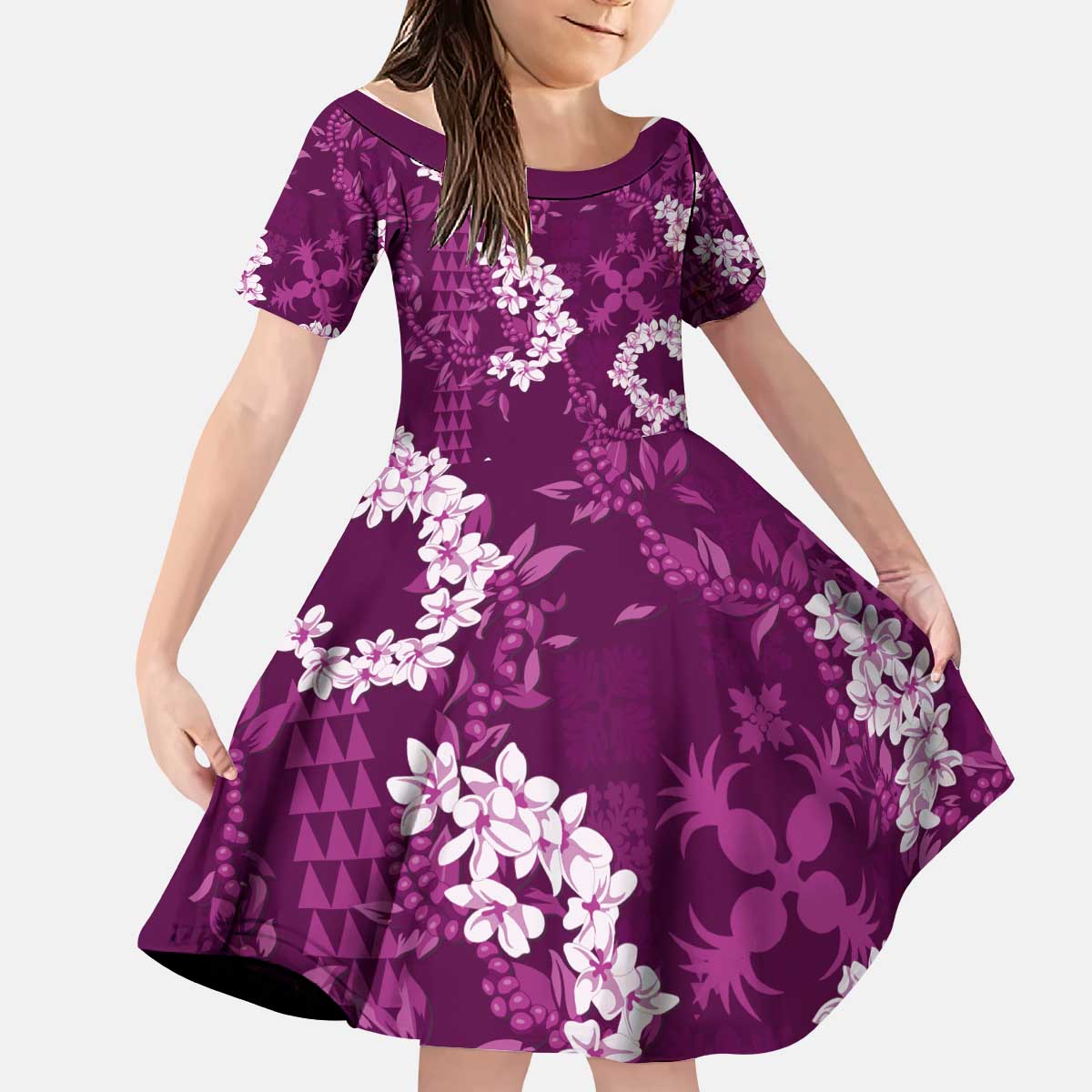 Mokihana Maile and Ilima Leis Kid Short Sleeve Dress Akala Hawaiian Tapa Quilt Pattern LT9 KID Pink - Polynesian Pride