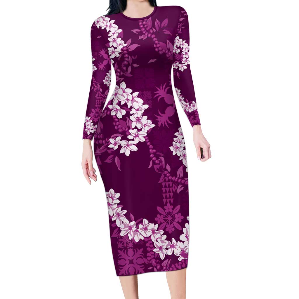 Mokihana Maile and Ilima Leis Long Sleeve Bodycon Dress Akala Hawaiian Tapa Quilt Pattern LT9 Long Dress Pink - Polynesian Pride