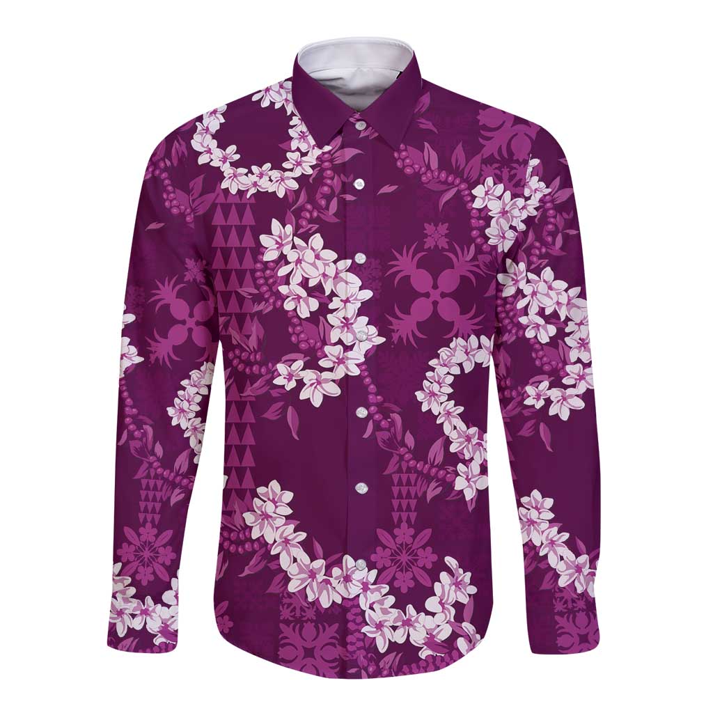 Mokihana Maile and Ilima Leis Long Sleeve Button Shirt Akala Hawaiian Tapa Quilt Pattern LT9 Unisex Pink - Polynesian Pride
