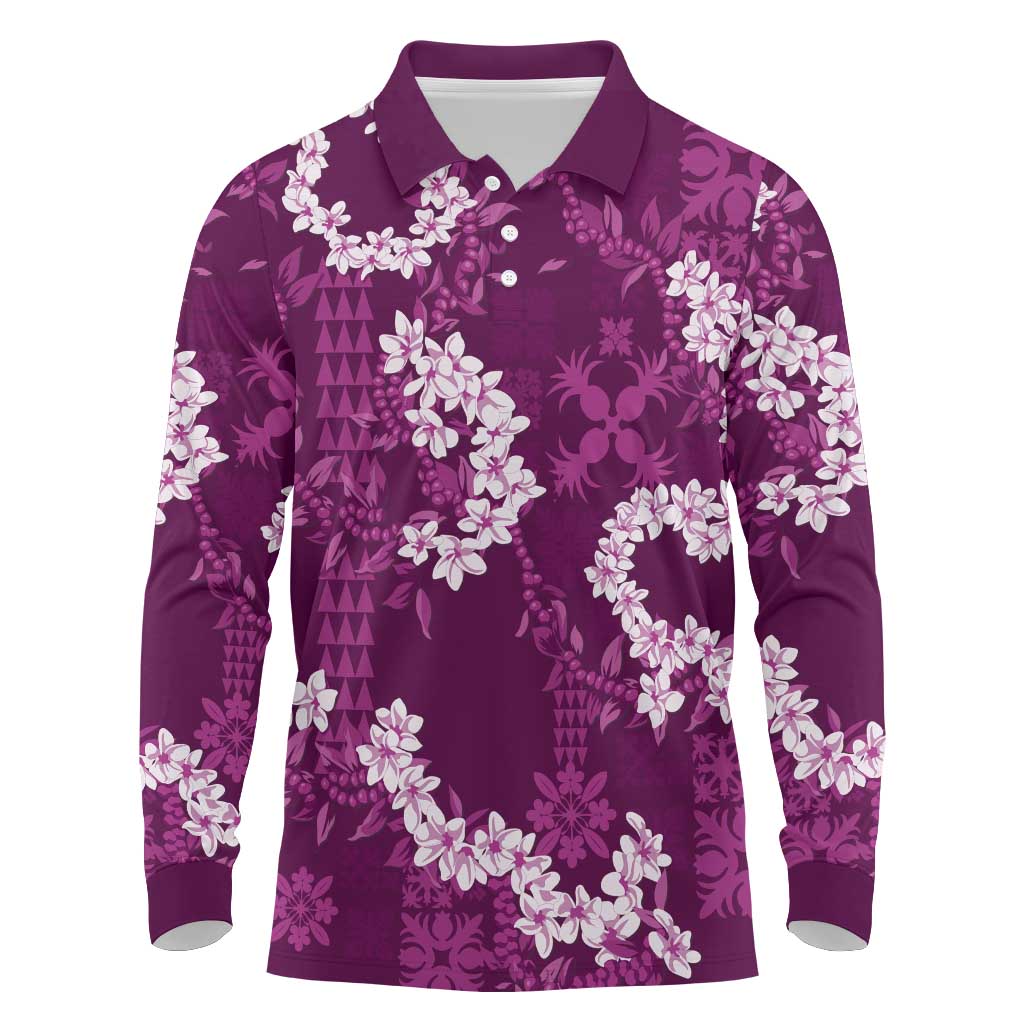 Mokihana Maile and Ilima Leis Long Sleeve Polo Shirt Akala Hawaiian Tapa Quilt Pattern LT9 Pink - Polynesian Pride