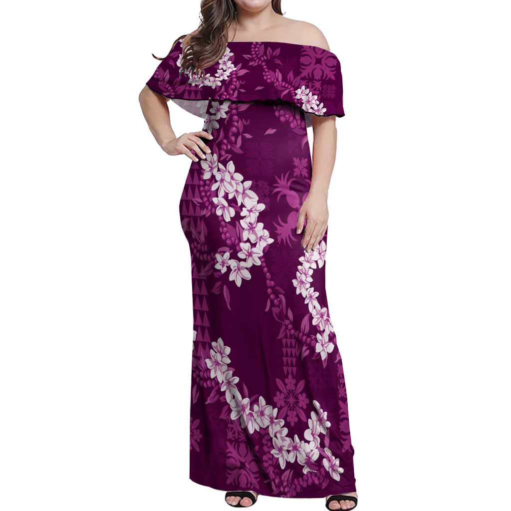 Mokihana Maile and Ilima Leis Off Shoulder Maxi Dress Akala Hawaiian Tapa Quilt Pattern LT9 Women Pink - Polynesian Pride