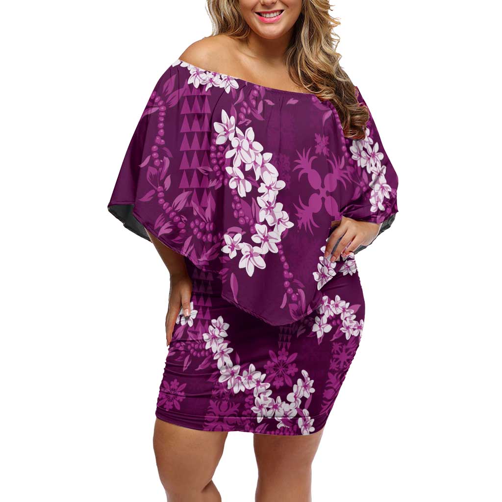 Mokihana Maile and Ilima Leis Off Shoulder Short Dress Akala Hawaiian Tapa Quilt Pattern LT9 Women Pink - Polynesian Pride