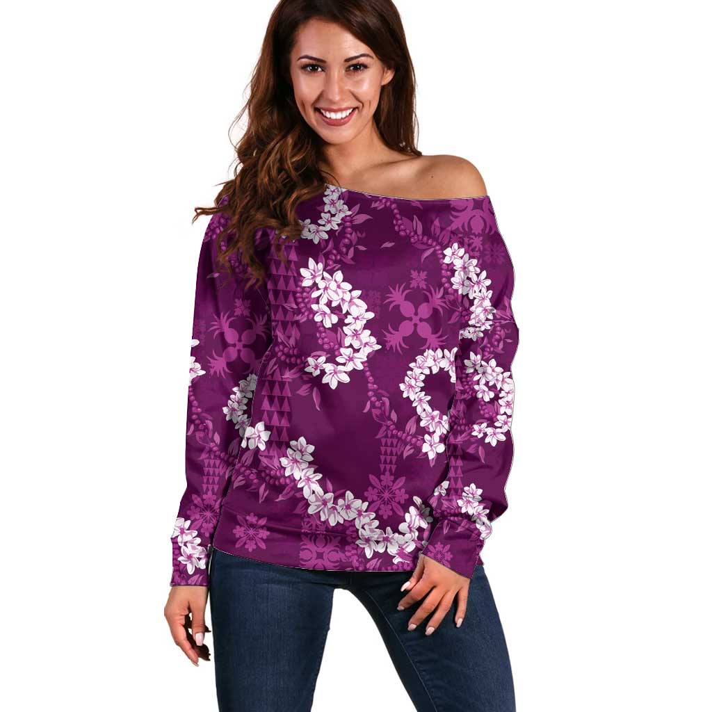 Mokihana Maile and Ilima Leis Off Shoulder Sweater Akala Hawaiian Tapa Quilt Pattern LT9 Women Pink - Polynesian Pride