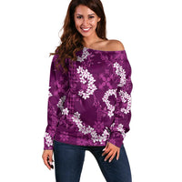 Mokihana Maile and Ilima Leis Off Shoulder Sweater Akala Hawaiian Tapa Quilt Pattern LT9 Women Pink - Polynesian Pride