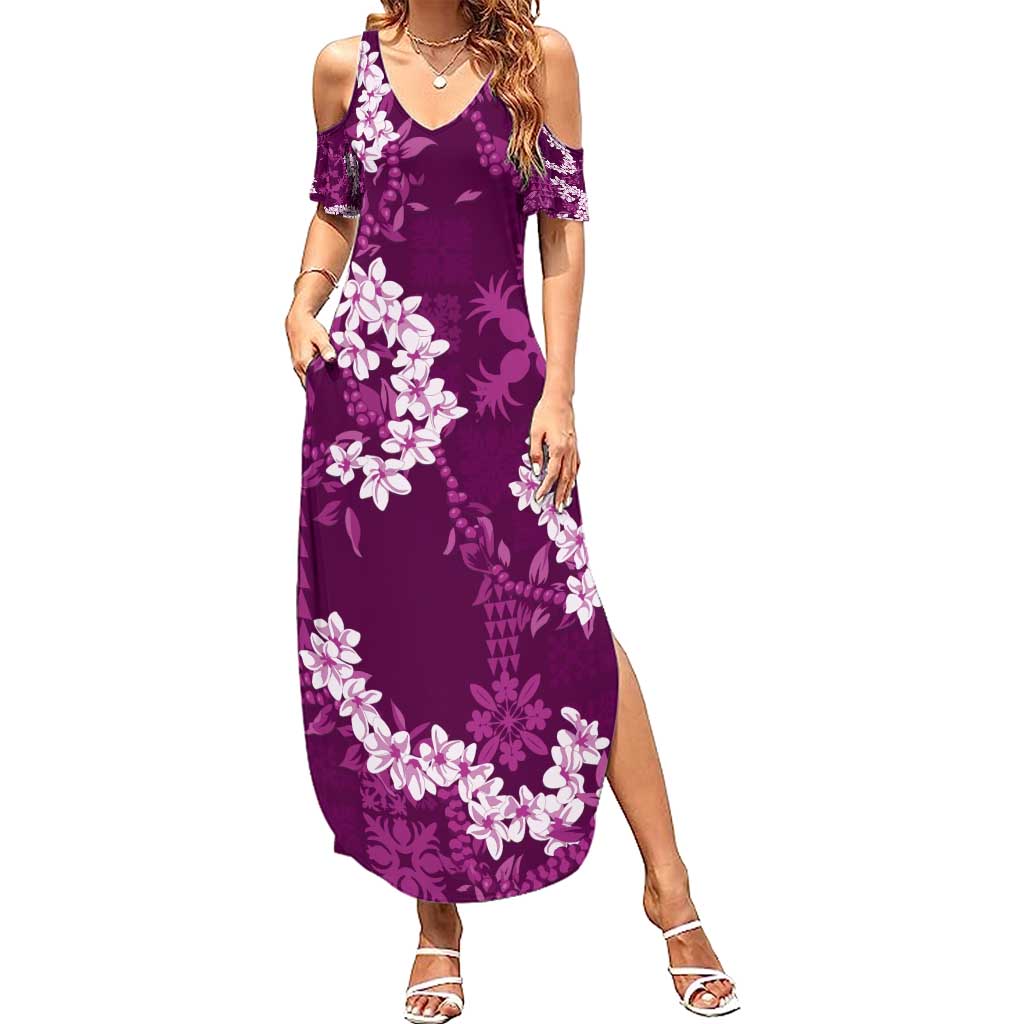 Mokihana Maile and Ilima Leis Summer Maxi Dress Akala Hawaiian Tapa Quilt Pattern LT9 Women Pink - Polynesian Pride