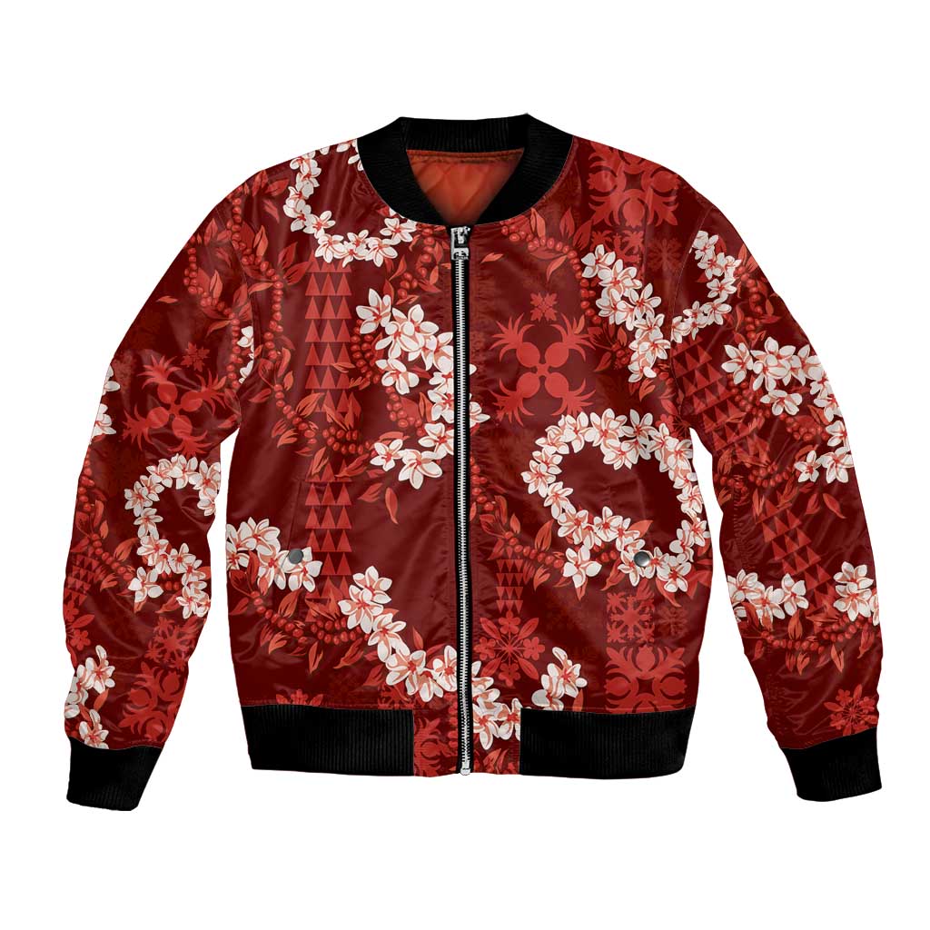 Mokihana Maile and Ilima Leis Bomber Jacket Ulaʻula Hawaiian Tapa Quilt Pattern LT9 Unisex Red - Polynesian Pride