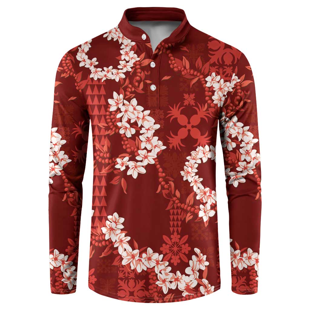Mokihana Maile and Ilima Leis Button Sweatshirt Ulaʻula Hawaiian Tapa Quilt Pattern LT9 Red - Polynesian Pride
