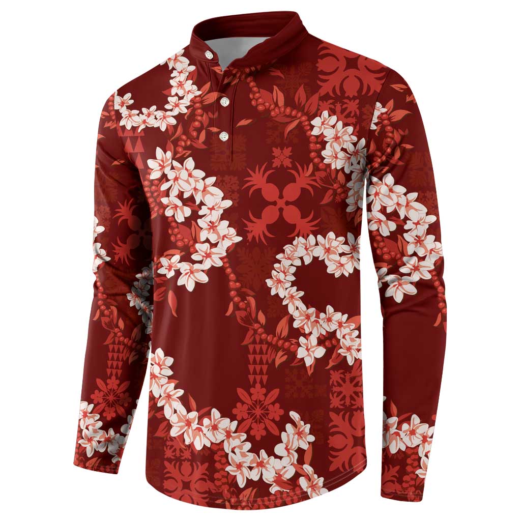 Mokihana Maile and Ilima Leis Button Sweatshirt Ulaʻula Hawaiian Tapa Quilt Pattern LT9 - Polynesian Pride