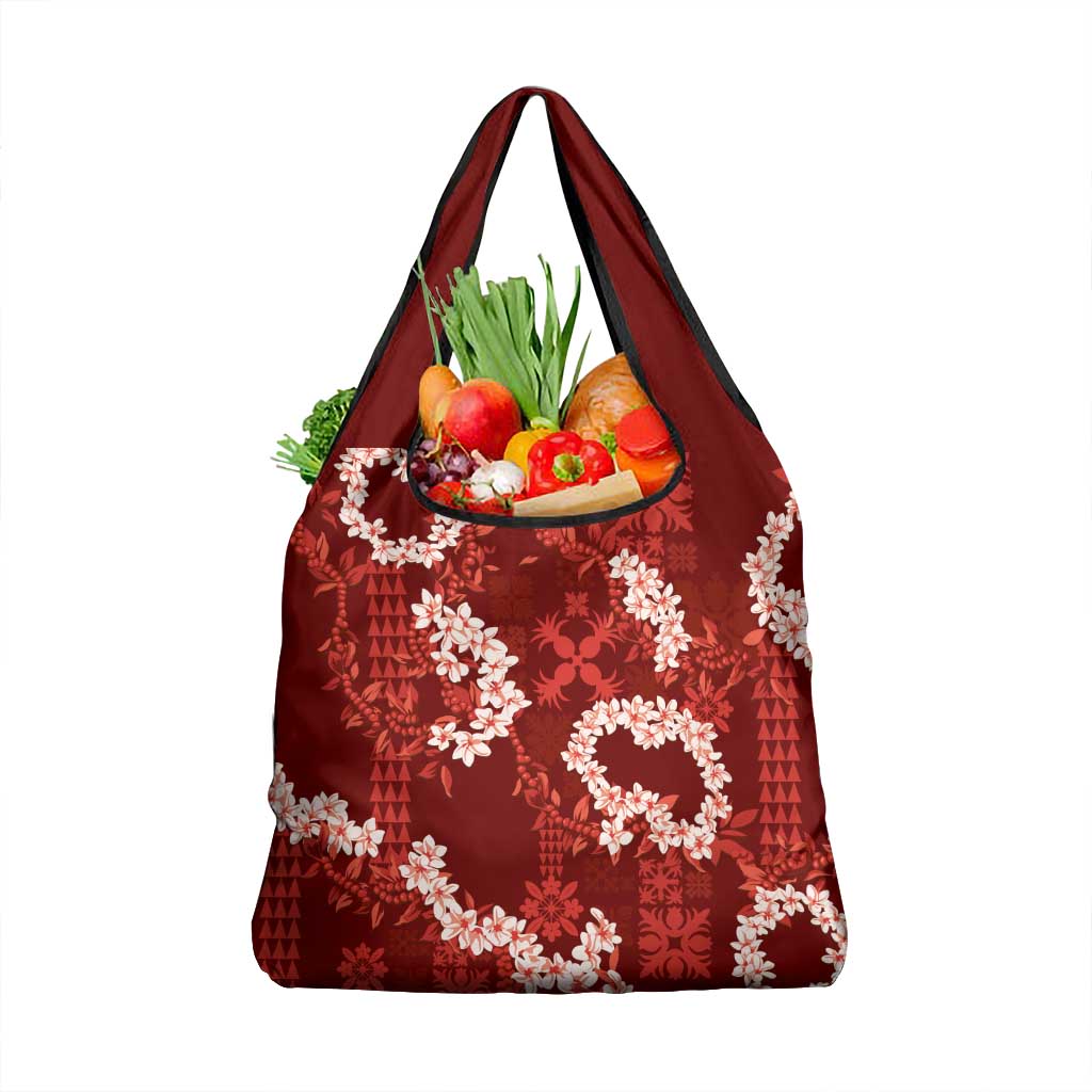Mokihana Maile and Ilima Leis Grocery Bag Ulaʻula Hawaiian Tapa Quilt Pattern LT9 1-pack One Size Red - Polynesian Pride