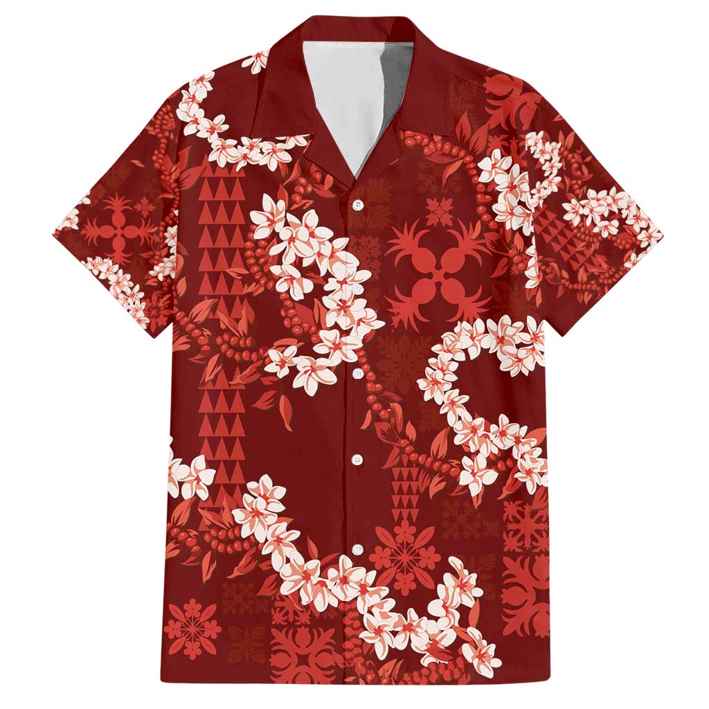 Mokihana Maile and Ilima Leis Hawaiian Shirt Ulaʻula Hawaiian Tapa Quilt Pattern LT9 Red - Polynesian Pride