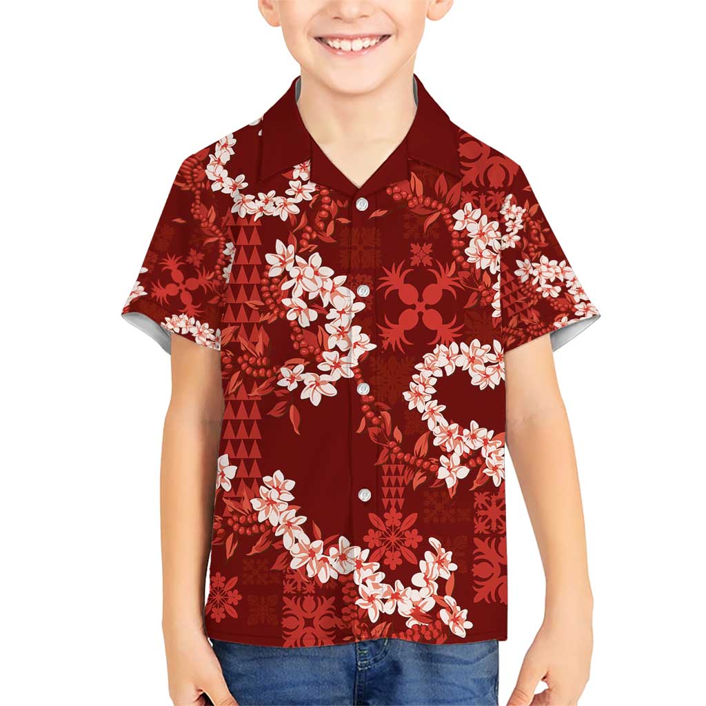 Mokihana Maile and Ilima Leis Kid Hawaiian Shirt Ulaʻula Hawaiian Tapa Quilt Pattern LT9 Kid Red - Polynesian Pride