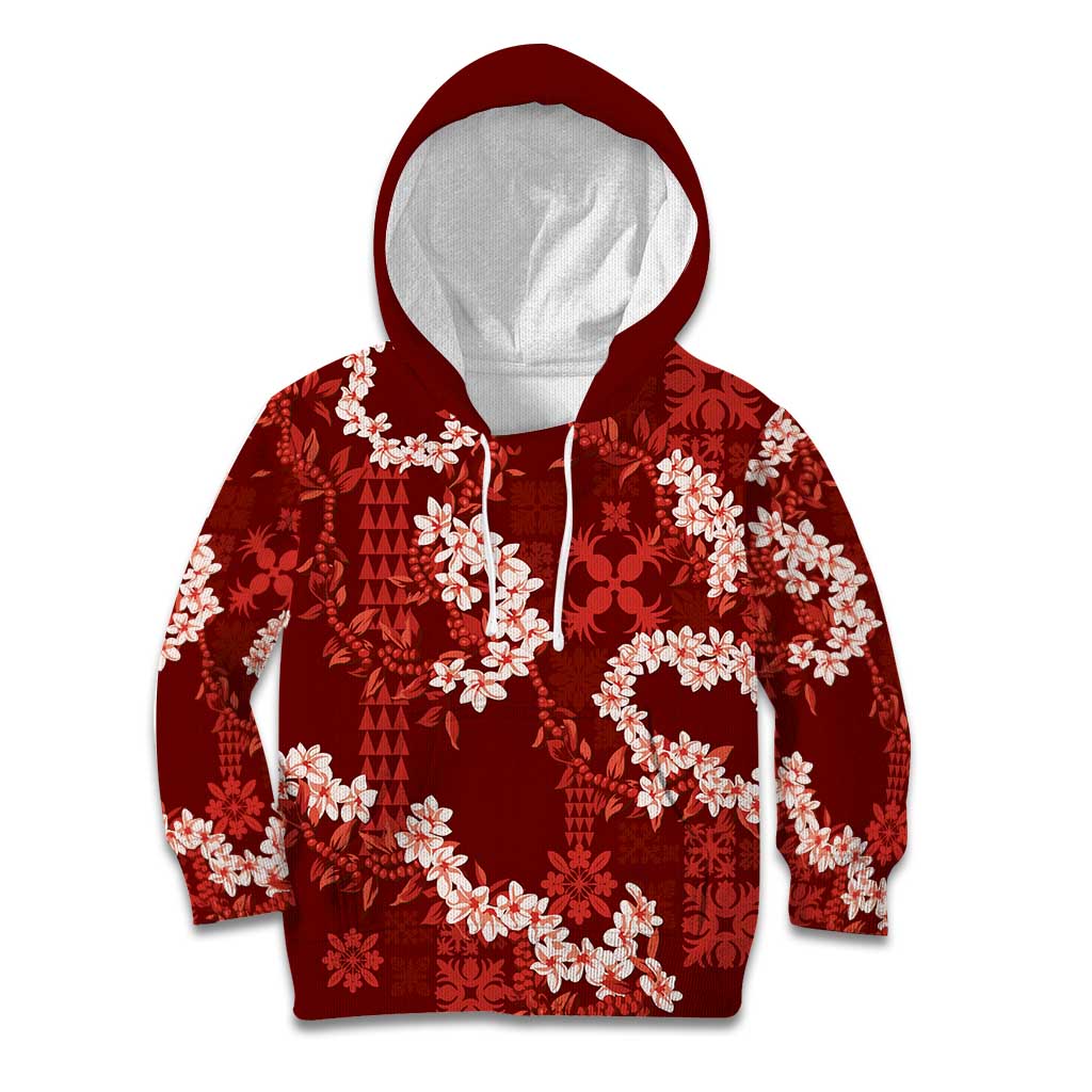 Mokihana Maile and Ilima Leis Kid Hoodie Ulaʻula Hawaiian Tapa Quilt Pattern LT9 Hoodie Red - Polynesian Pride
