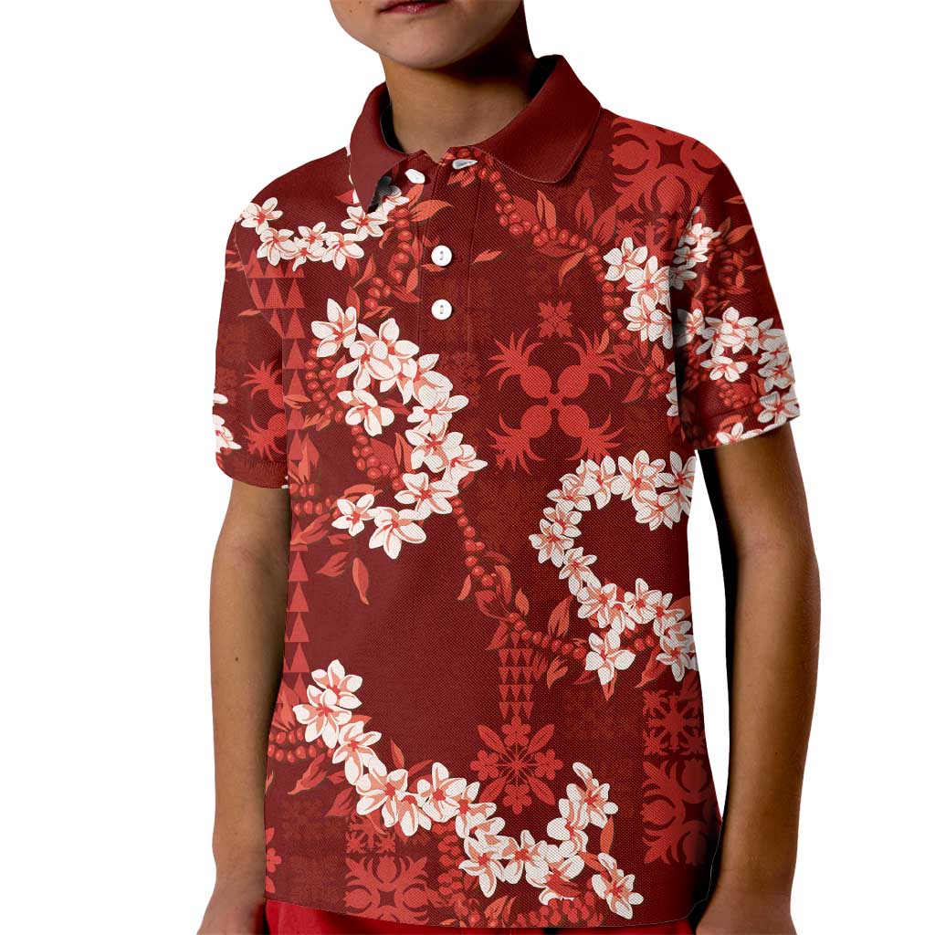 Mokihana Maile and Ilima Leis Kid Polo Shirt Ulaʻula Hawaiian Tapa Quilt Pattern LT9 Kid Red - Polynesian Pride