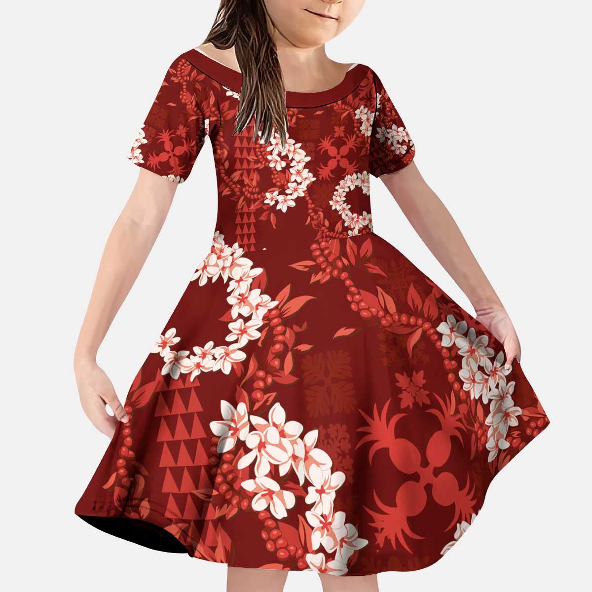 Mokihana Maile and Ilima Leis Kid Short Sleeve Dress Ulaʻula Hawaiian Tapa Quilt Pattern LT9 KID Red - Polynesian Pride