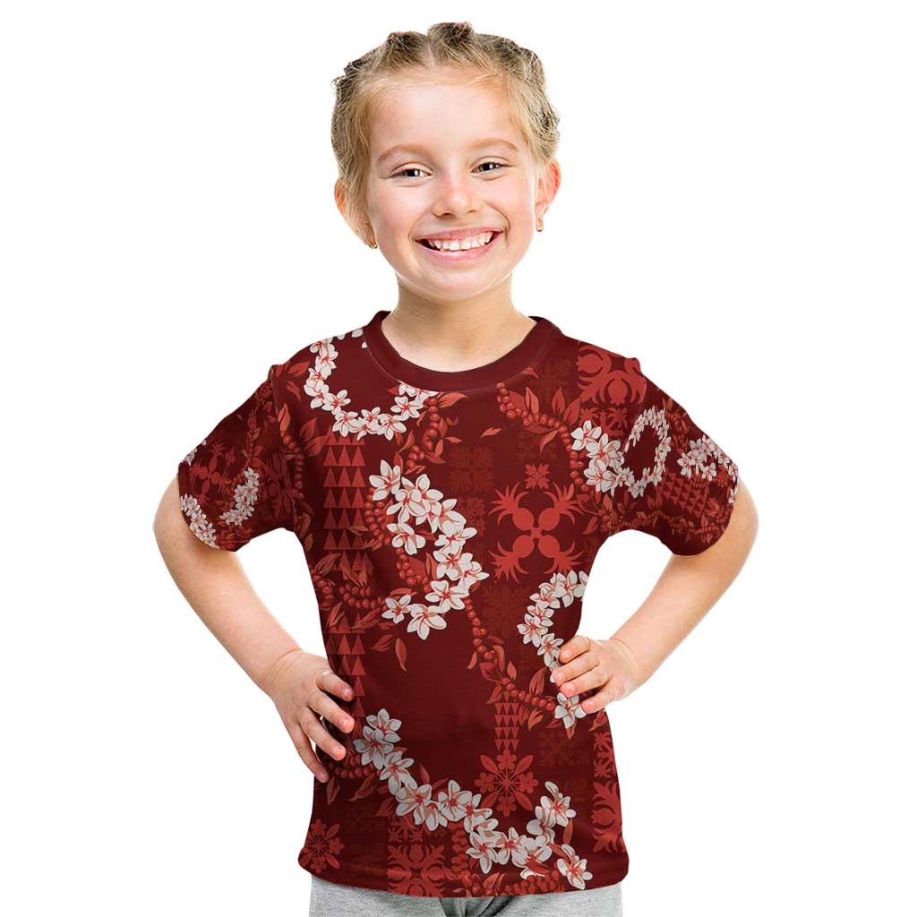 Mokihana Maile and Ilima Leis Kid T Shirt Ulaʻula Hawaiian Tapa Quilt Pattern LT9 Red - Polynesian Pride