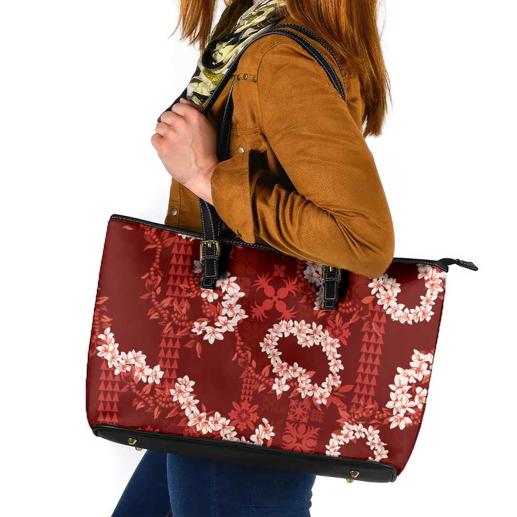 Mokihana Maile and Ilima Leis Leather Tote Bag Ulaʻula Hawaiian Tapa Quilt Pattern LT9 Red - Polynesian Pride