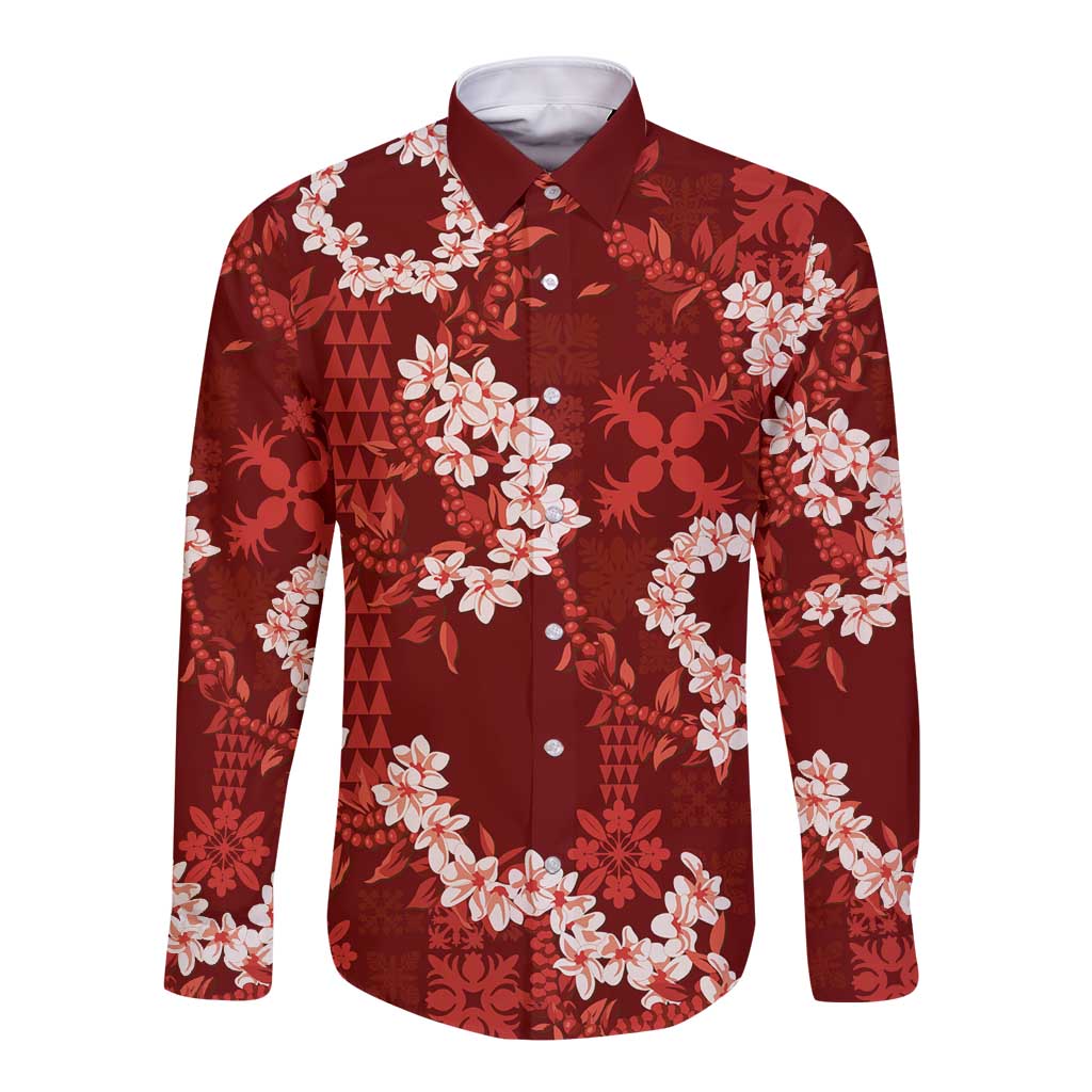 Mokihana Maile and Ilima Leis Long Sleeve Button Shirt Ulaʻula Hawaiian Tapa Quilt Pattern LT9 Unisex Red - Polynesian Pride