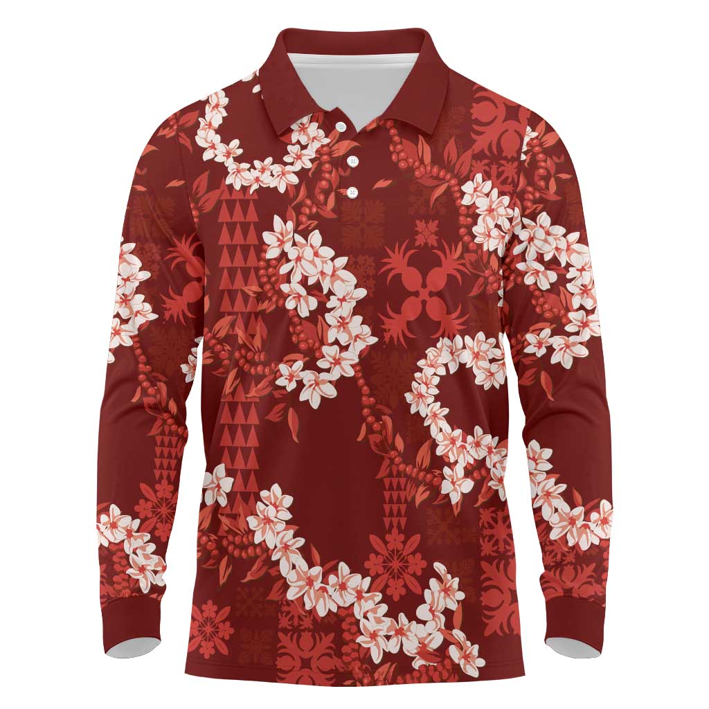 Mokihana Maile and Ilima Leis Long Sleeve Polo Shirt Ulaʻula Hawaiian Tapa Quilt Pattern LT9 Red - Polynesian Pride
