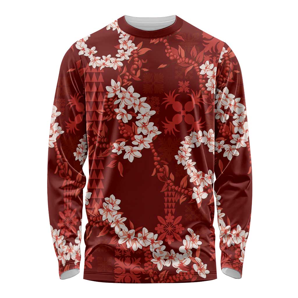Mokihana Maile and Ilima Leis Long Sleeve Shirt Ulaʻula Hawaiian Tapa Quilt Pattern LT9 Unisex Red - Polynesian Pride