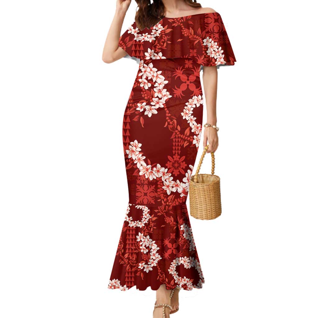 Mokihana Maile and Ilima Leis Mermaid Dress Ulaʻula Hawaiian Tapa Quilt Pattern LT9 Women Red - Polynesian Pride