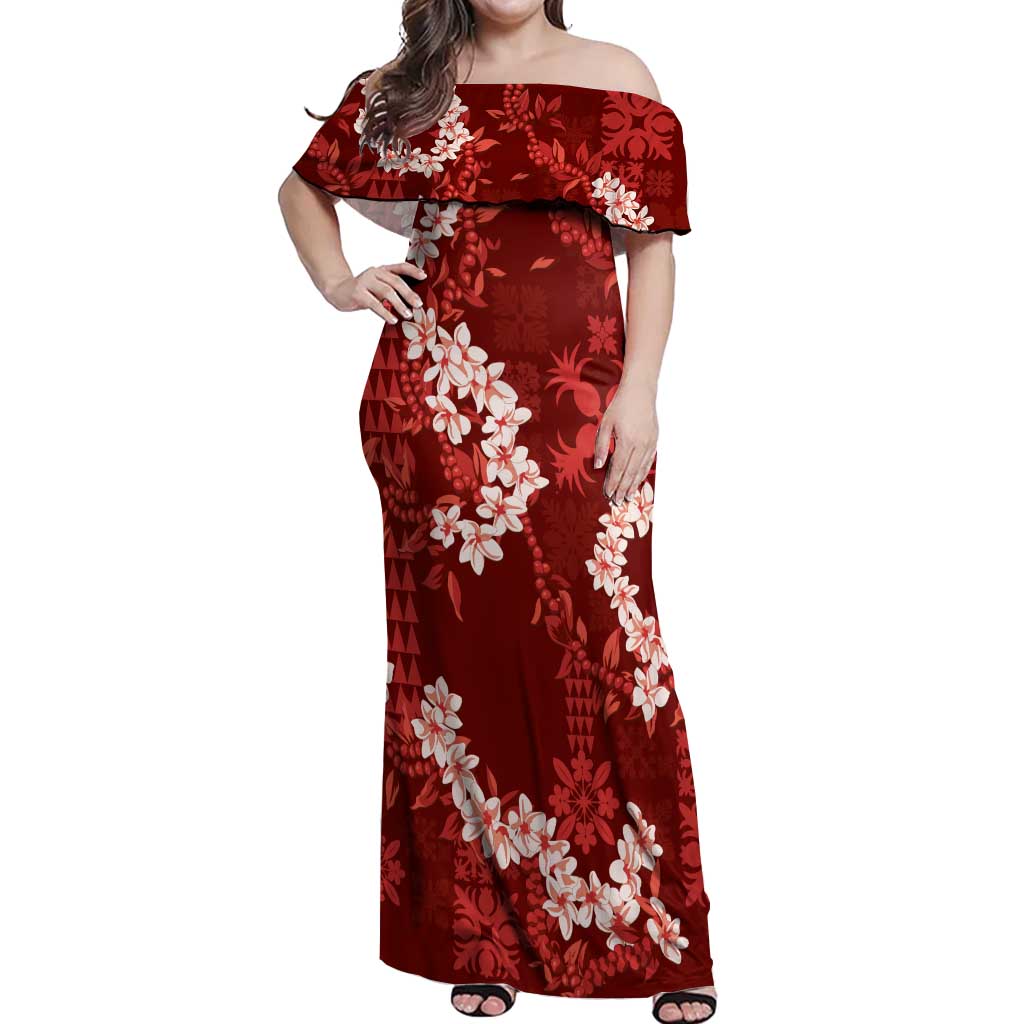 Mokihana Maile and Ilima Leis Off Shoulder Maxi Dress Ulaʻula Hawaiian Tapa Quilt Pattern LT9 Women Red - Polynesian Pride
